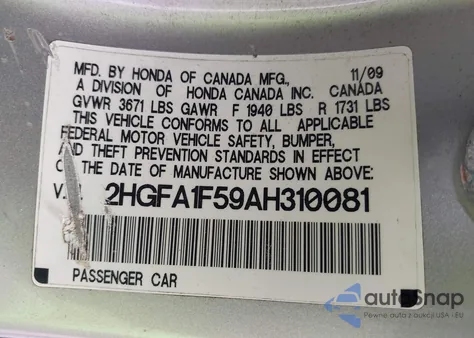 2010 Honda Civic Lx из США, поврежденный, VIN 2HGFA1F59AH310081